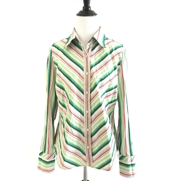 Tommy Hilfiger | Button Front Shirt Womens Size L Green Collar Cuff Cotton - Picture 1 of 12